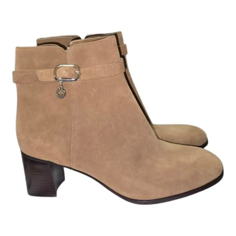 Kate Spade Suede Ankle Boots Tan Brown Block Heel Buckle Charm Booties 10 new